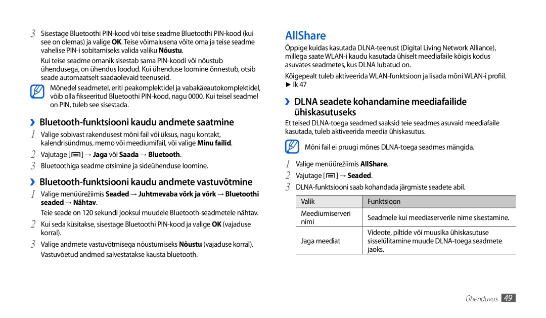 Samsung GT-P1010CWABAL AllShare, ››Bluetooth-funktsiooni kaudu andmete saatmine, Vajutage → Jaga või Saada → Bluetooth 