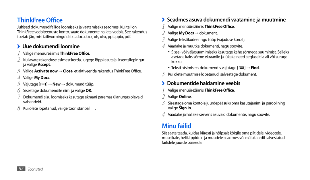 Samsung GT-P1010CWABAL manual ThinkFree Office, Minu failid, ››Uue dokumendi loomine, ››Dokumentide haldamine veebis 