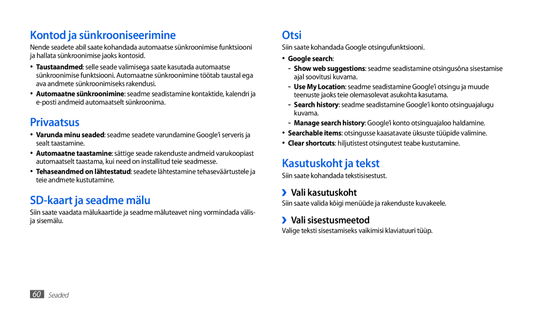 Samsung GT-P1010CWABAL manual Kontod ja sünkrooniseerimine, Privaatsus, SD-kaart ja seadme mälu, Otsi, Kasutuskoht ja tekst 