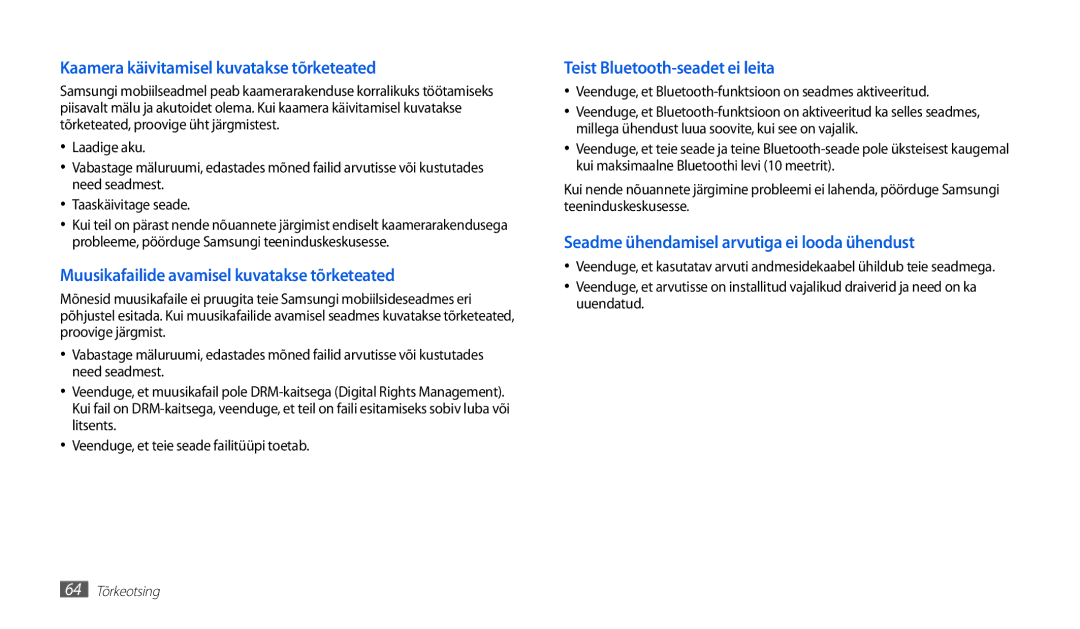 Samsung GT-P1010CWABAL manual Kaamera käivitamisel kuvatakse tõrketeated 