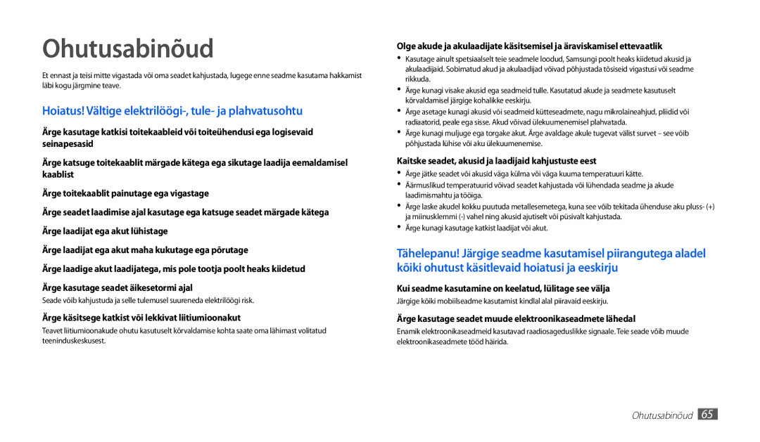 Samsung GT-P1010CWABAL manual Ohutusabinõud, Hoiatus! Vältige elektrilöögi-, tule- ja plahvatusohtu 
