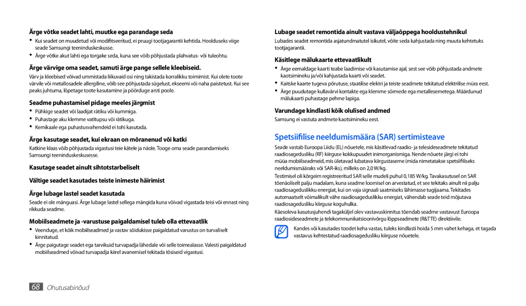 Samsung GT-P1010CWABAL manual Spetsiifilise neeldumismäära SAR sertimisteave 