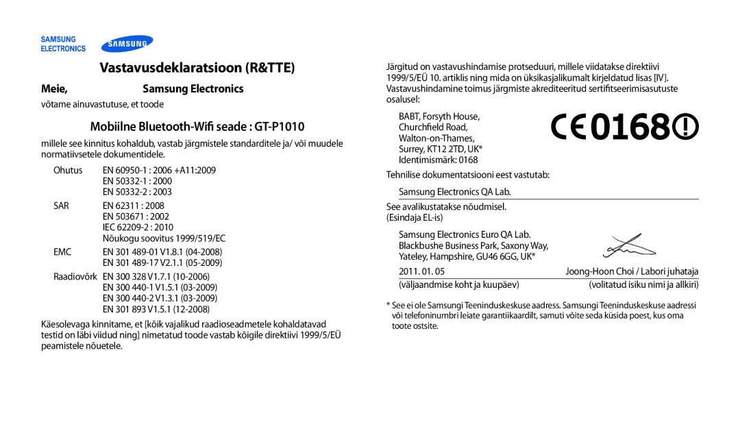 Samsung GT-P1010CWABAL manual Vastavusdeklaratsioon R&TTE 