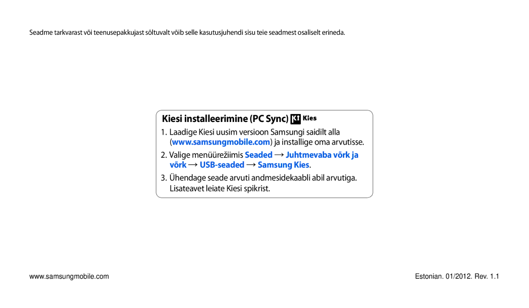 Samsung GT-P1010CWABAL manual Kiesi installeerimine PC Sync 