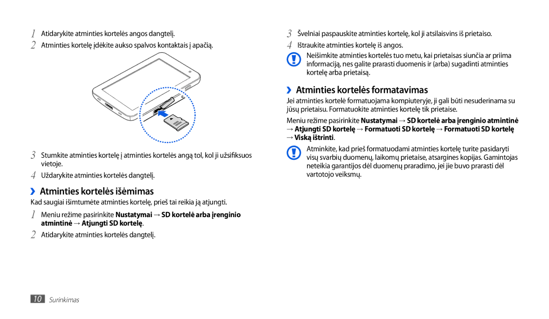 Samsung GT-P1010CWABAL manual ››Atminties kortelės išėmimas, ››Atminties kortelės formatavimas, → Viską ištrinti 