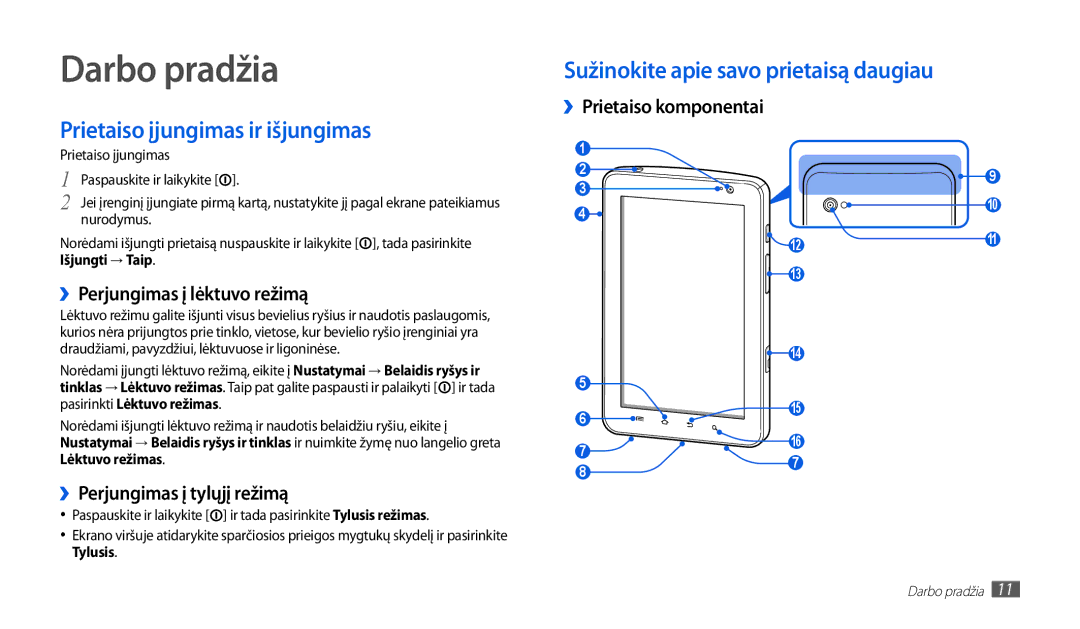 Samsung GT-P1010CWABAL manual Darbo pradžia, Prietaiso įjungimas ir išjungimas, Sužinokite apie savo prietaisą daugiau 