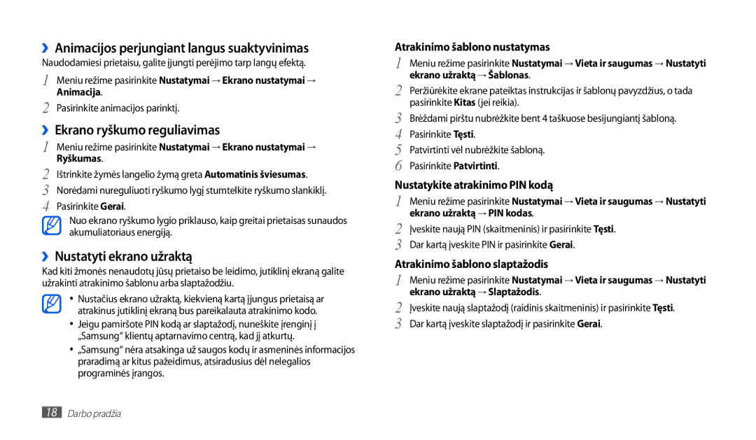 Samsung GT-P1010CWABAL manual ››Animacijos perjungiant langus suaktyvinimas, ››Nustatyti ekrano užraktą 