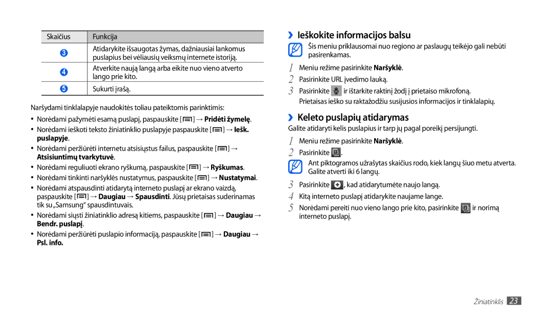 Samsung GT-P1010CWABAL manual ››Ieškokite informacijos balsu, ››Keleto puslapių atidarymas, Bendr. puslapį, Psl. info 