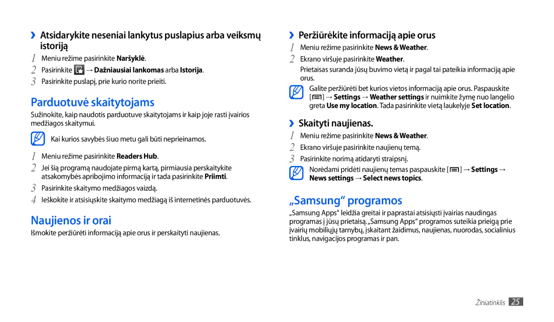 Samsung GT-P1010CWABAL manual Parduotuvė skaitytojams, Naujienos ir orai, „Samsung programos, ››Skaityti naujienas 