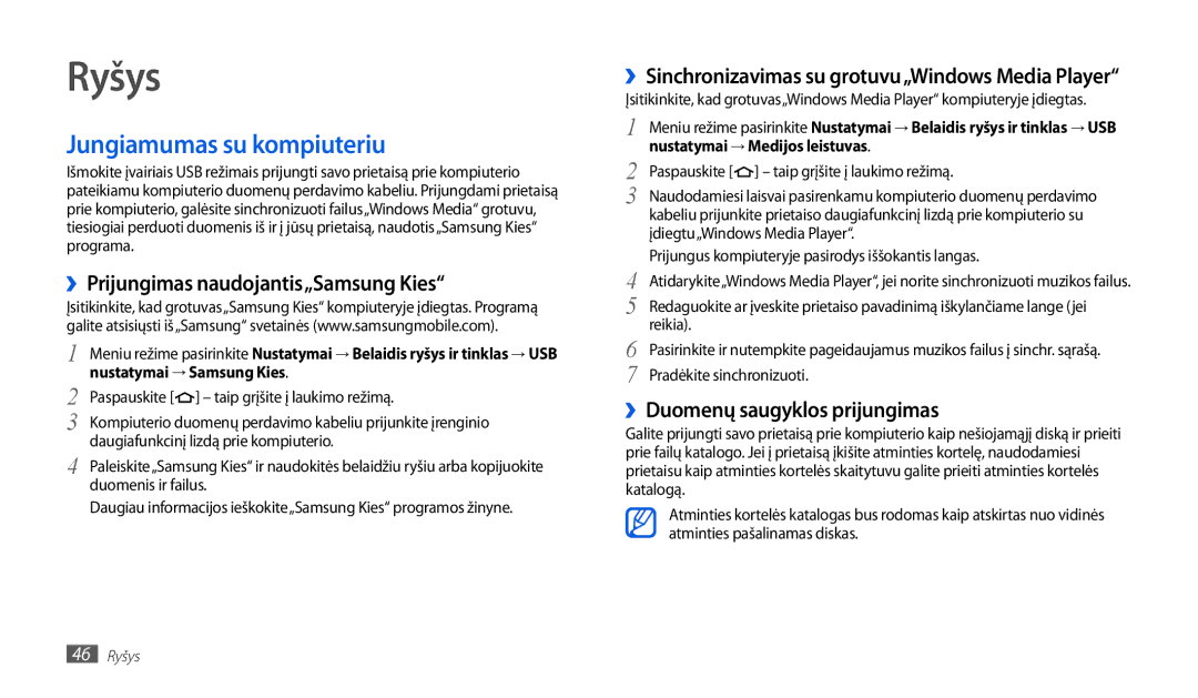 Samsung GT-P1010CWABAL manual Ryšys, Jungiamumas su kompiuteriu, ››Prijungimas naudojantis„Samsung Kies 