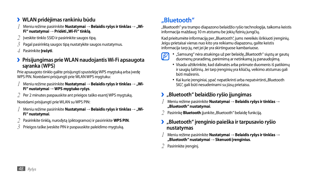 Samsung GT-P1010CWABAL manual ››WLAN pridėjimas rankiniu būdu, ››„Bluetooth belaidžio ryšio įjungimas 