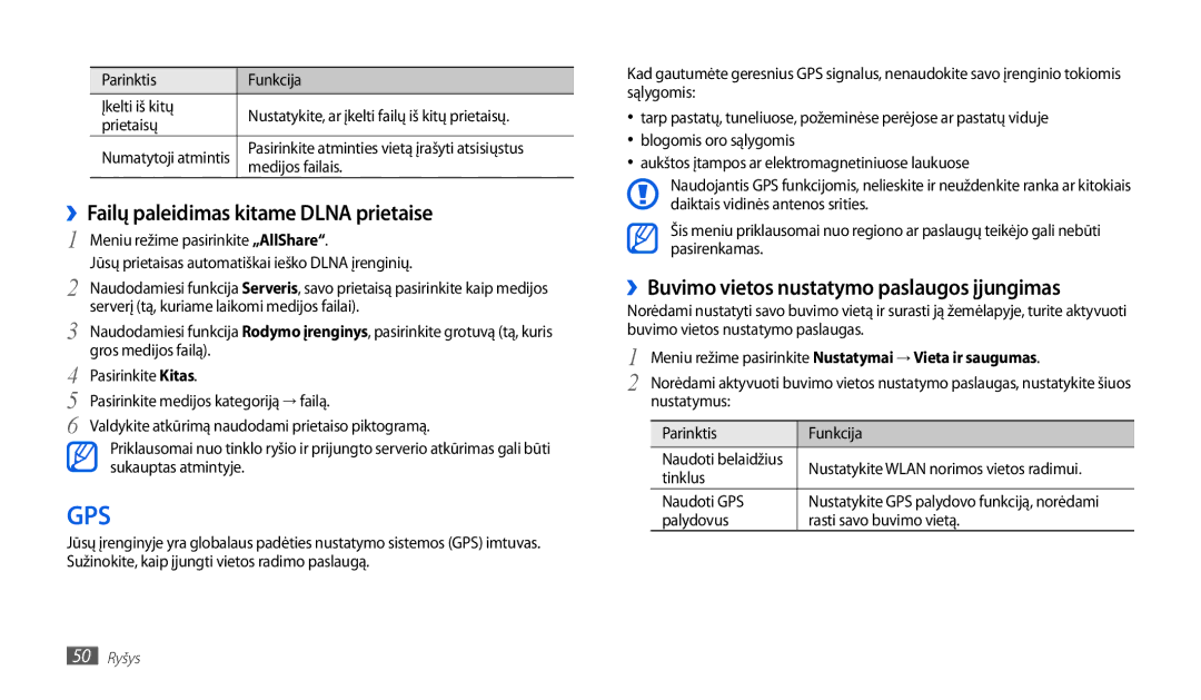 Samsung GT-P1010CWABAL manual ››Failų paleidimas kitame Dlna prietaise, ››Buvimo vietos nustatymo paslaugos įjungimas 