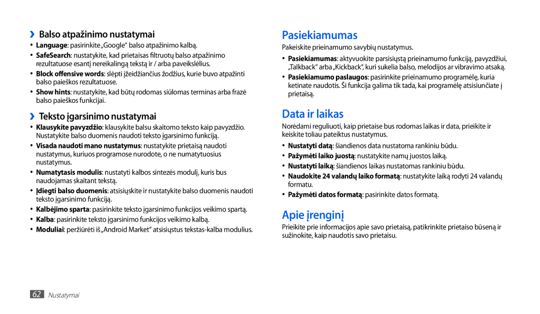 Samsung GT-P1010CWABAL manual Pasiekiamumas, Data ir laikas, Apie įrenginį, ››Balso atpažinimo nustatymai 