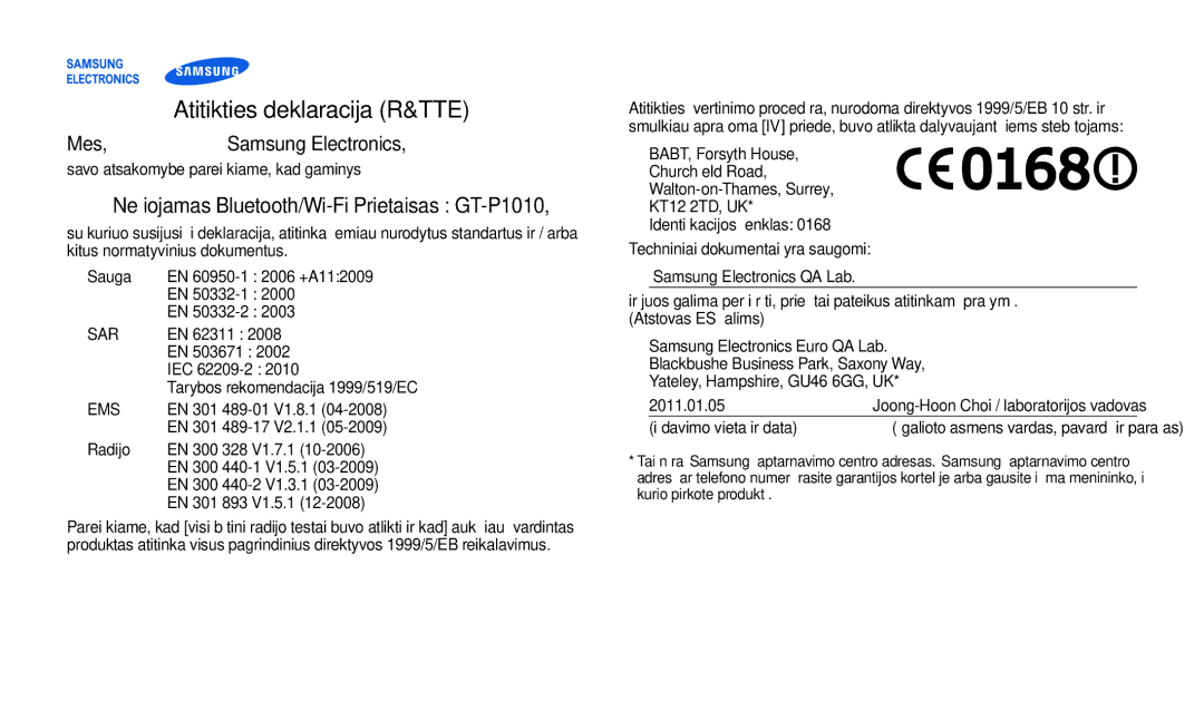 Samsung GT-P1010CWABAL manual Atitikties deklaracija R&TTE, Nešiojamas Bluetooth/Wi-Fi Prietaisas GT-P1010 