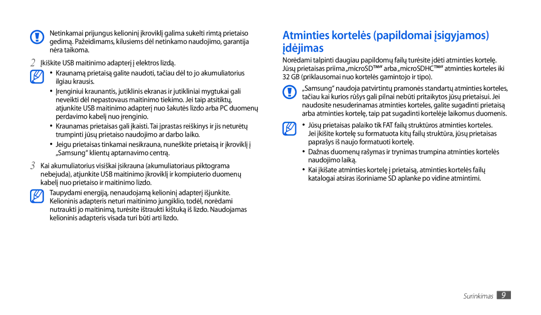 Samsung GT-P1010CWABAL manual Atminties kortelės papildomai įsigyjamos įdėjimas 