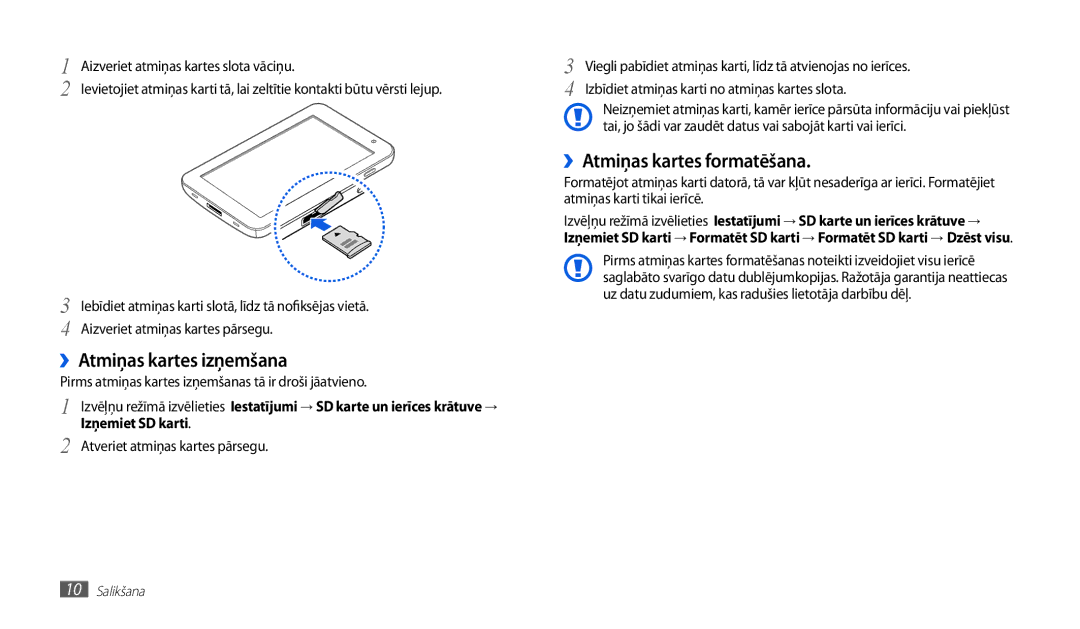 Samsung GT-P1010CWABAL manual ››Atmiņas kartes izņemšana, ››Atmiņas kartes formatēšana, Izņemiet SD karti 