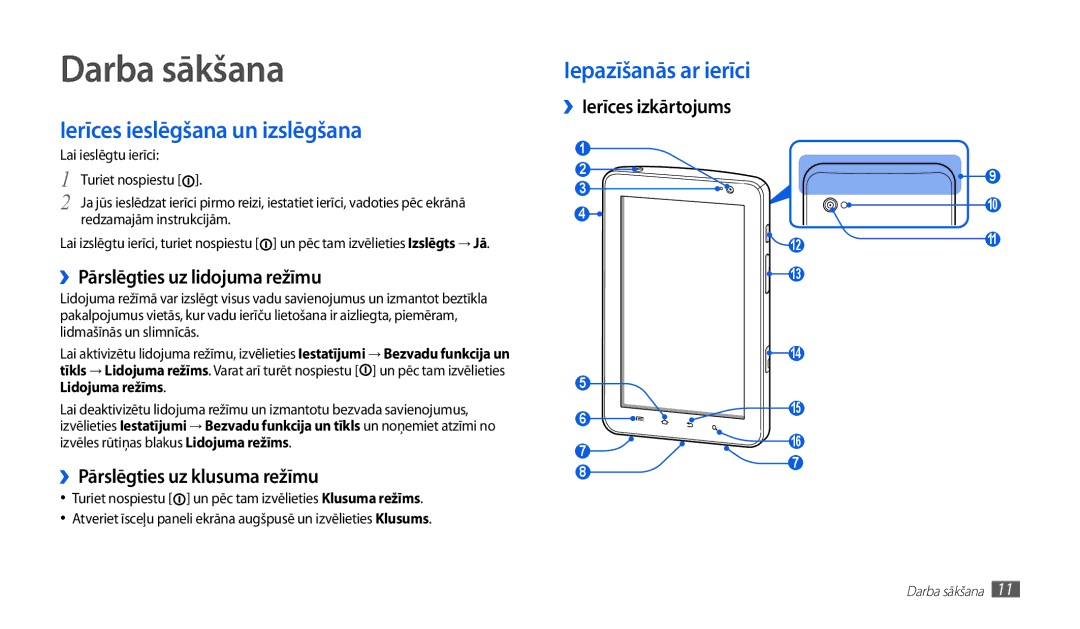 Samsung GT-P1010CWABAL manual Darba sākšana, Ierīces ieslēgšana un izslēgšana, ››Pārslēgties uz lidojuma režīmu 