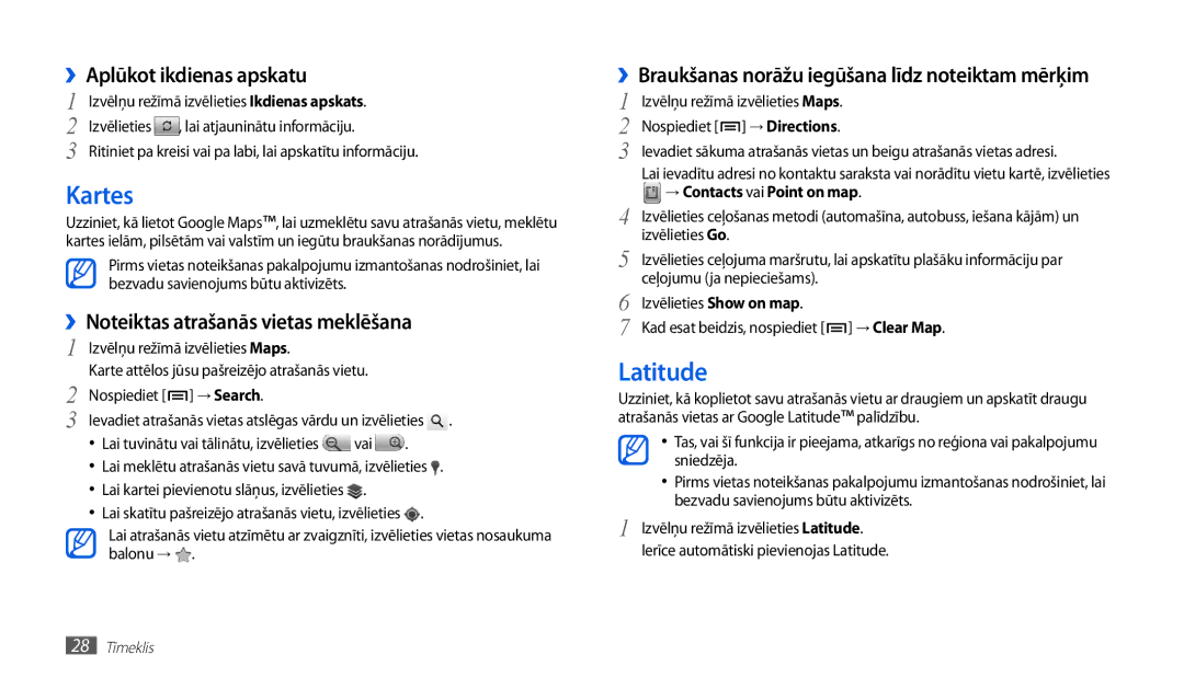 Samsung GT-P1010CWABAL manual Kartes, Latitude, ››Aplūkot ikdienas apskatu, ››Noteiktas atrašanās vietas meklēšana 