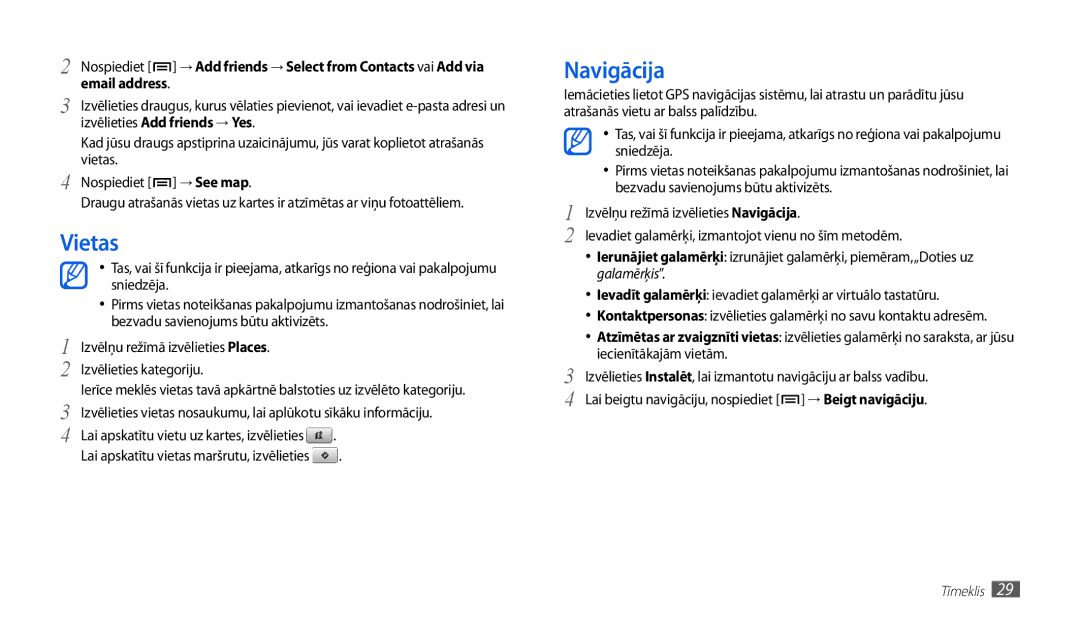 Samsung GT-P1010CWABAL manual Vietas, Navigācija, Izvēlieties Add friends → Yes, → See map 