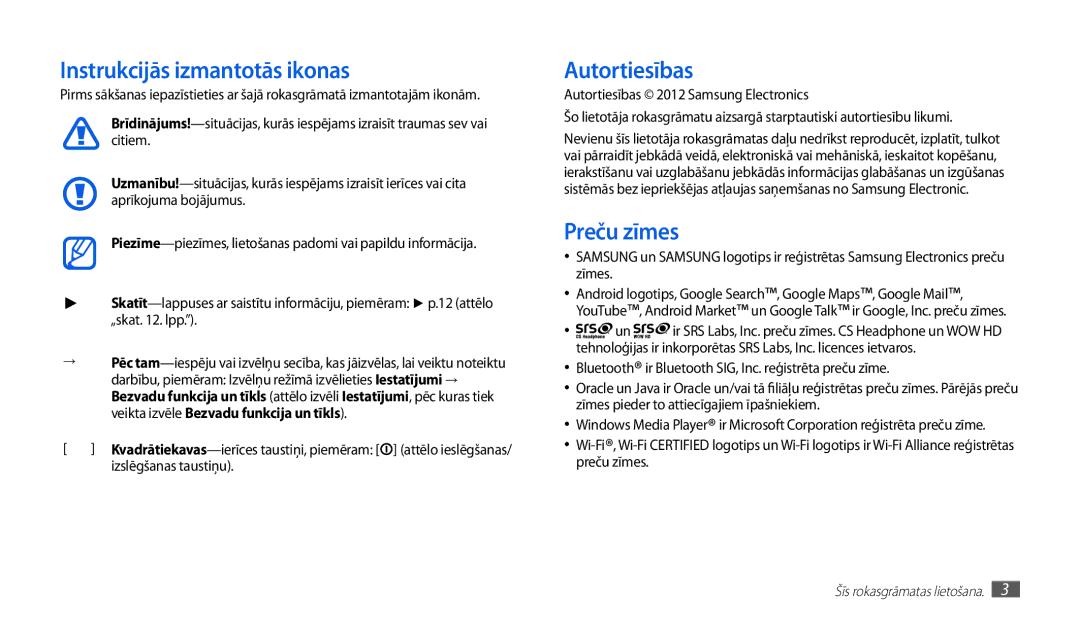 Samsung GT-P1010CWABAL manual Instrukcijās izmantotās ikonas, Autortiesības, Preču zīmes, Izslēgšanas taustiņu 