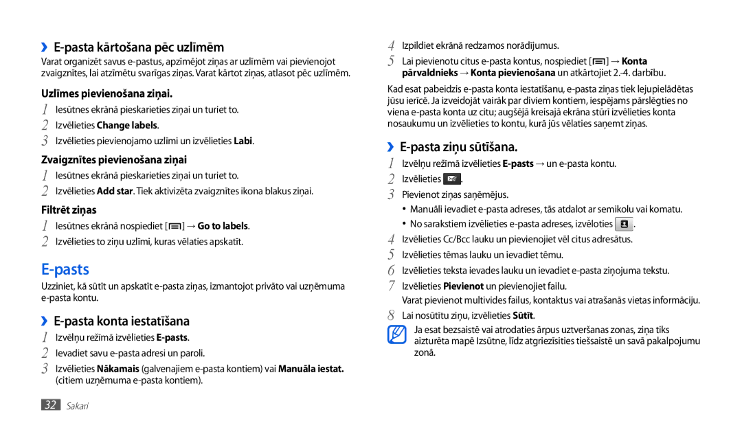 Samsung GT-P1010CWABAL manual Pasts, ››E-pasta kārtošana pēc uzlīmēm, ››E-pasta konta iestatīšana 