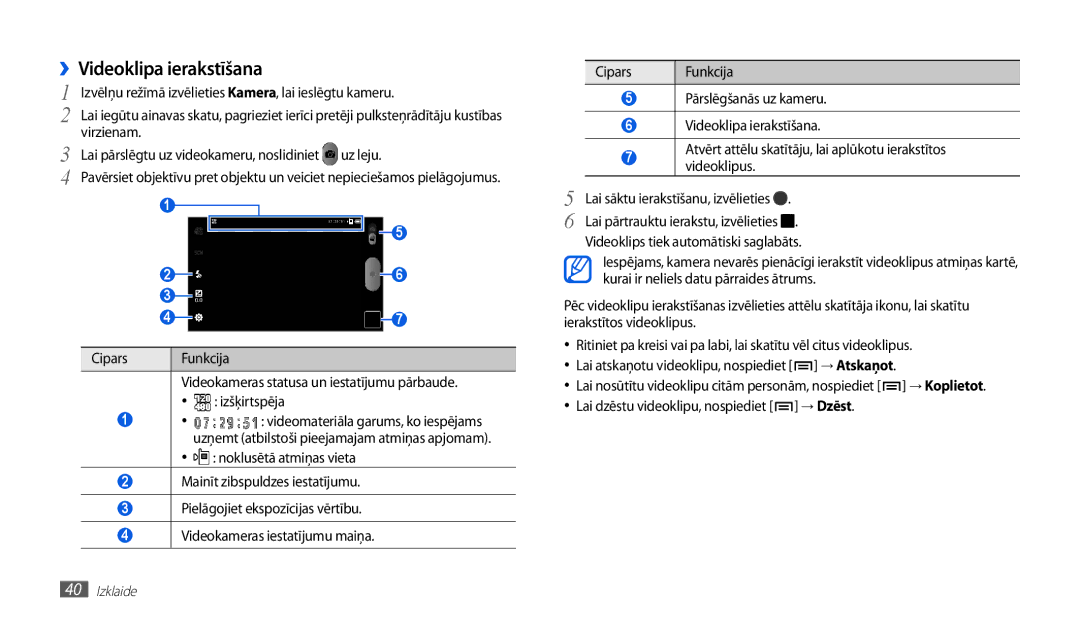 Samsung GT-P1010CWABAL manual ››Videoklipa ierakstīšana, Videoklips tiek automātiski saglabāts 