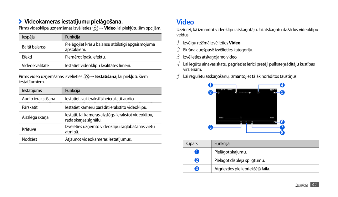 Samsung GT-P1010CWABAL manual ››Videokameras iestatījumu pielāgošana 