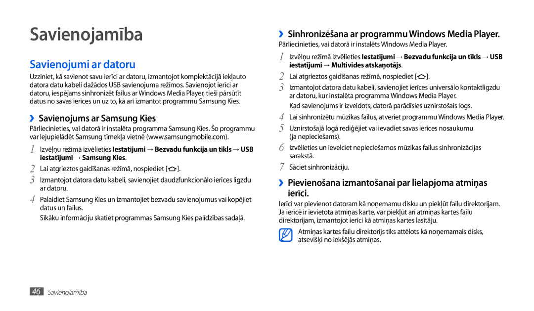 Samsung GT-P1010CWABAL Savienojamība, Savienojumi ar datoru, ››Savienojums ar Samsung Kies, Iestatījumi → Samsung Kies 