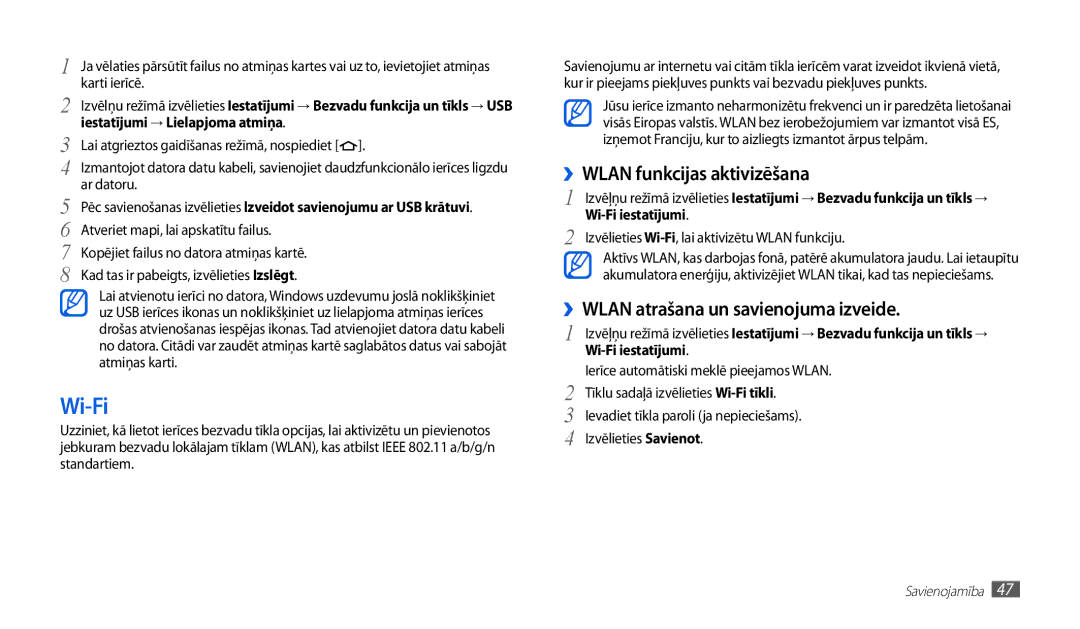 Samsung GT-P1010CWABAL manual ››WLAN funkcijas aktivizēšana, ››WLAN atrašana un savienojuma izveide, Wi-Fi iestatījumi 