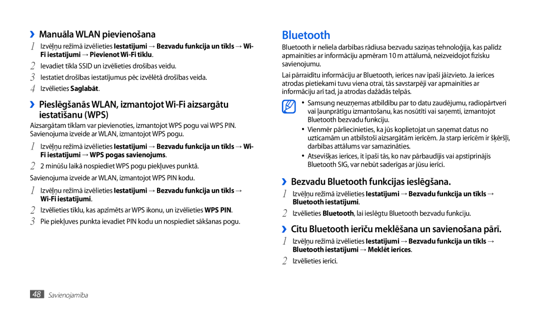 Samsung GT-P1010CWABAL manual ››Manuāla Wlan pievienošana, ››Bezvadu Bluetooth funkcijas ieslēgšana 