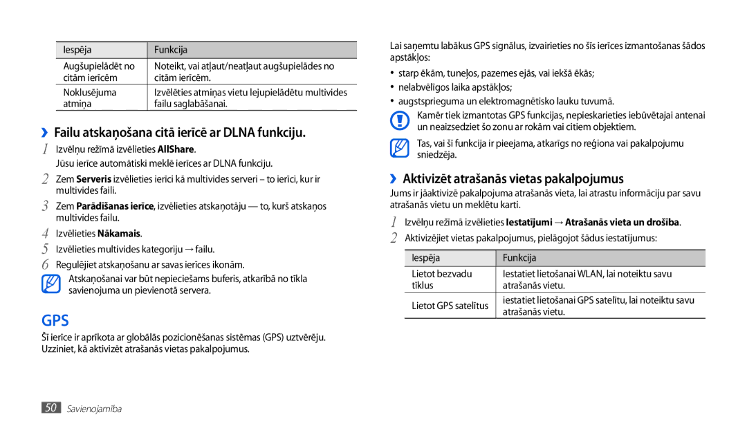 Samsung GT-P1010CWABAL manual ››Failu atskaņošana citā ierīcē ar Dlna funkciju, ››Aktivizēt atrašanās vietas pakalpojumus 