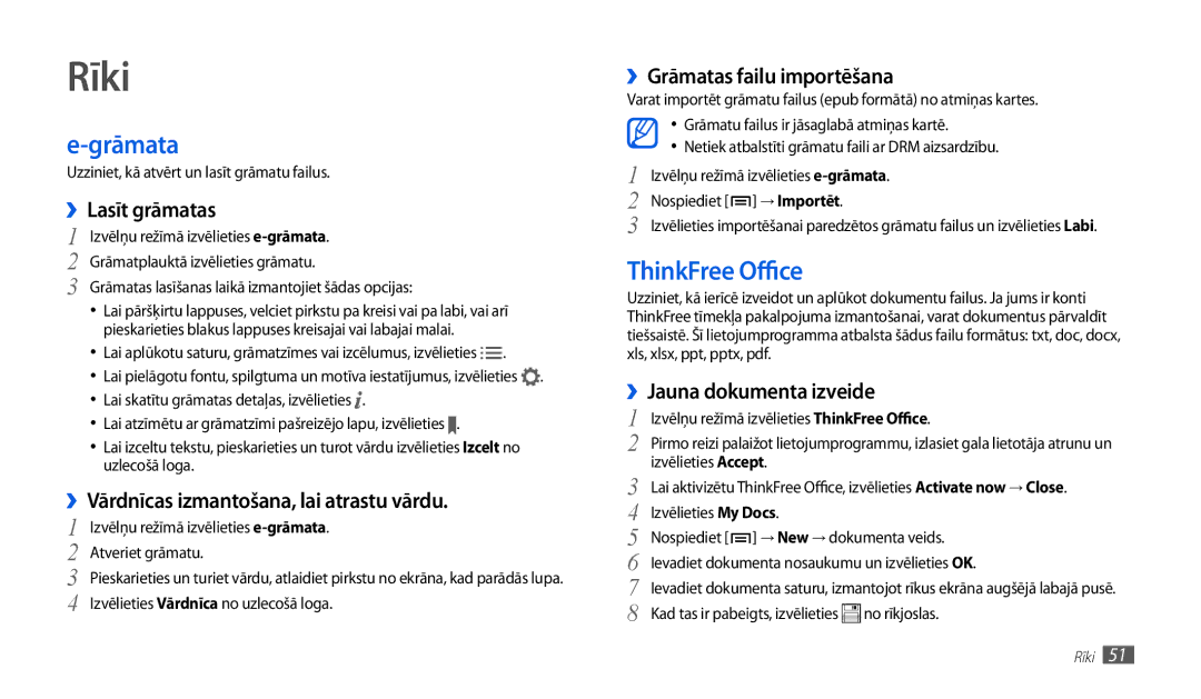 Samsung GT-P1010CWABAL manual Rīki, Grāmata, ThinkFree Office 