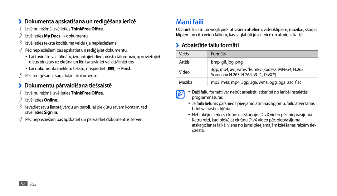 Samsung GT-P1010CWABAL manual Mani faili, ››Dokumenta apskatīšana un rediģēšana ierīcē, ››Dokumentu pārvaldīšana tiešsaistē 