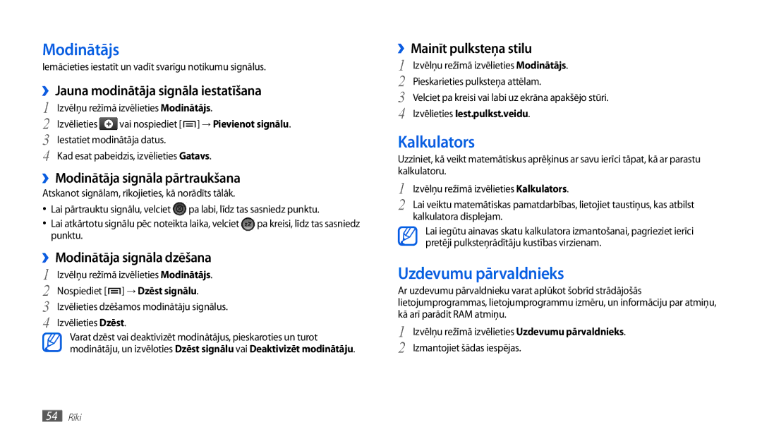 Samsung GT-P1010CWABAL manual Modinātājs, Kalkulators, Uzdevumu pārvaldnieks 