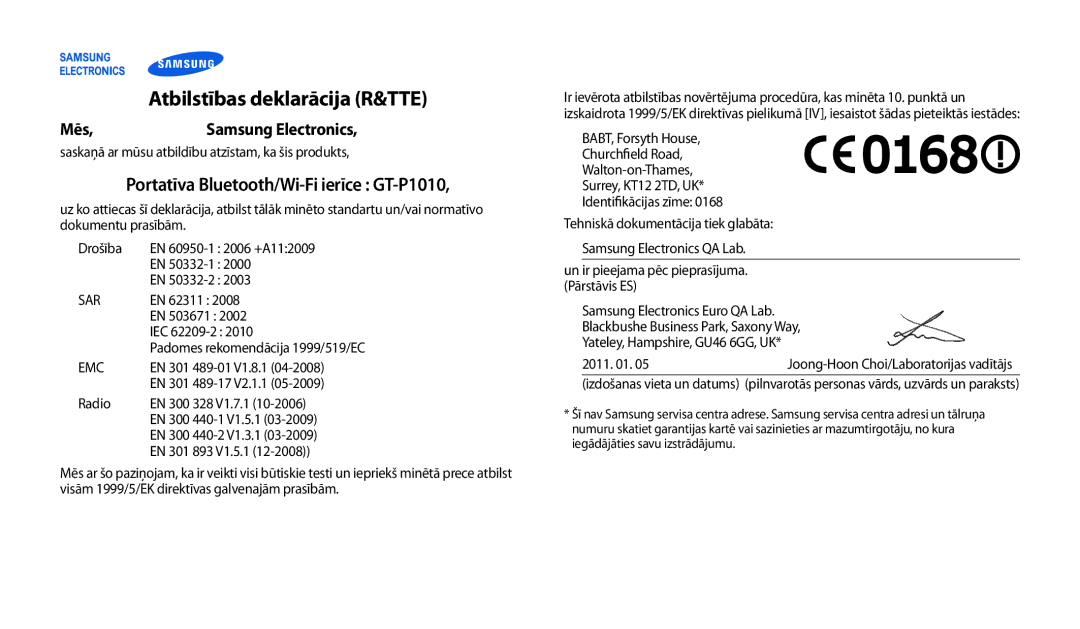 Samsung GT-P1010CWABAL manual Atbilstības deklarācija R&TTE 