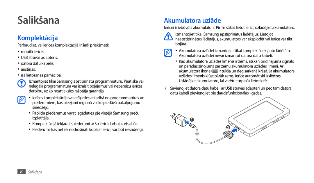 Samsung GT-P1010CWABAL manual Salikšana, Komplektācija, Akumulatora uzlāde 