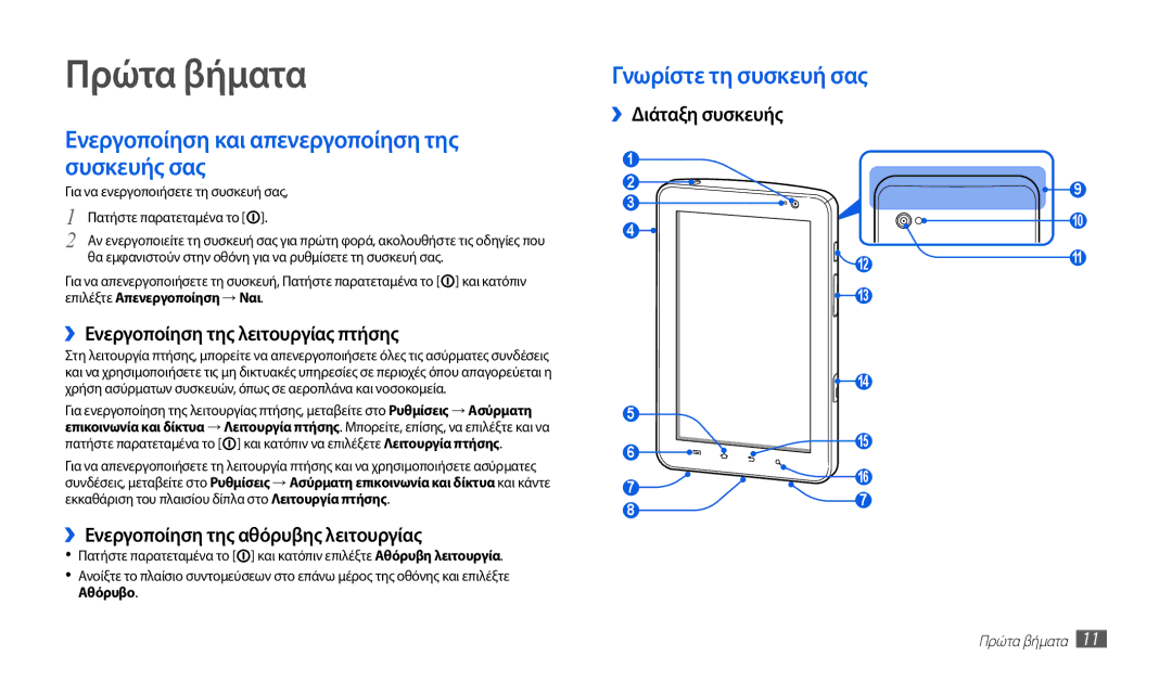 Samsung GT-P1010CWAEUR manual Πρώτα βήματα, ››Ενεργοποίηση της λειτουργίας πτήσης, ››Ενεργοποίηση της αθόρυβης λειτουργίας 