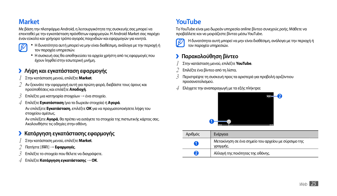 Samsung GT-P1010CWAEUR manual Market, YouTube, ››Λήψη και εγκατάσταση εφαρμογής, ››Κατάργηση εγκατάστασης εφαρμογής 