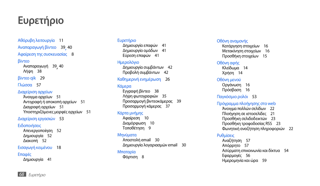 Samsung GT-P1010CWAEUR manual 68 Ευρετήριο 