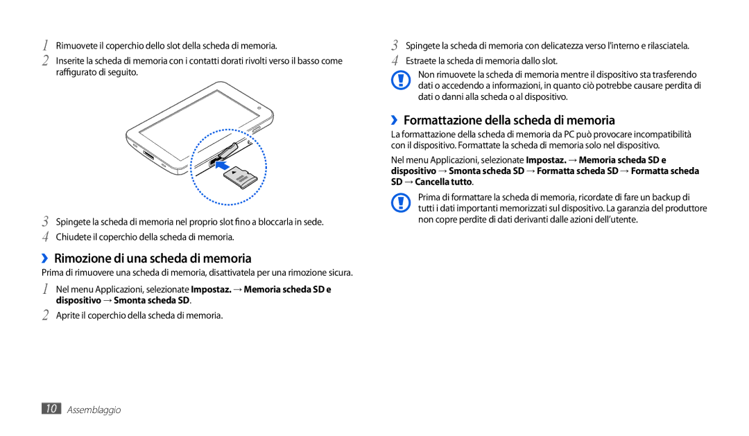 Samsung GT-P1010CWAITV manual ››Rimozione di una scheda di memoria, ››Formattazione della scheda di memoria 