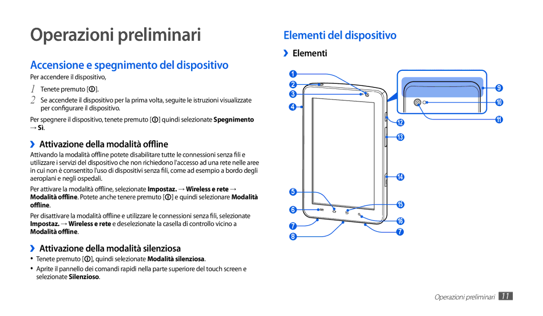 Samsung GT-P1010CWAITV manual Operazioni preliminari, Accensione e spegnimento del dispositivo 