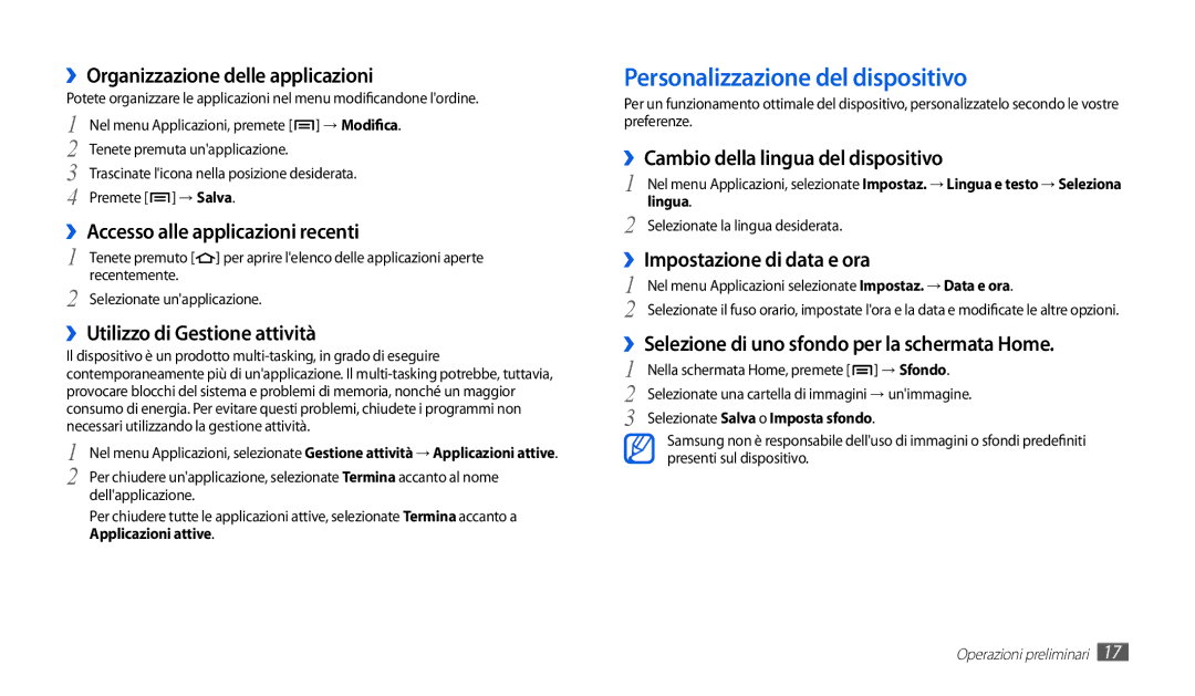 Samsung GT-P1010CWAITV manual Personalizzazione del dispositivo 