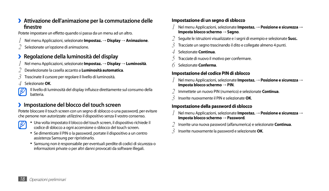 Samsung GT-P1010CWAITV manual ››Regolazione della luminosità del display, ››Impostazione del blocco del touch screen 