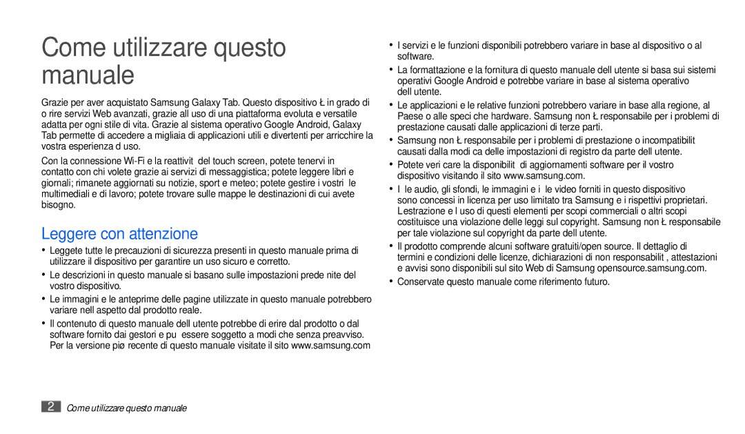 Samsung GT-P1010CWAITV Come utilizzare questo manuale, Leggere con attenzione 