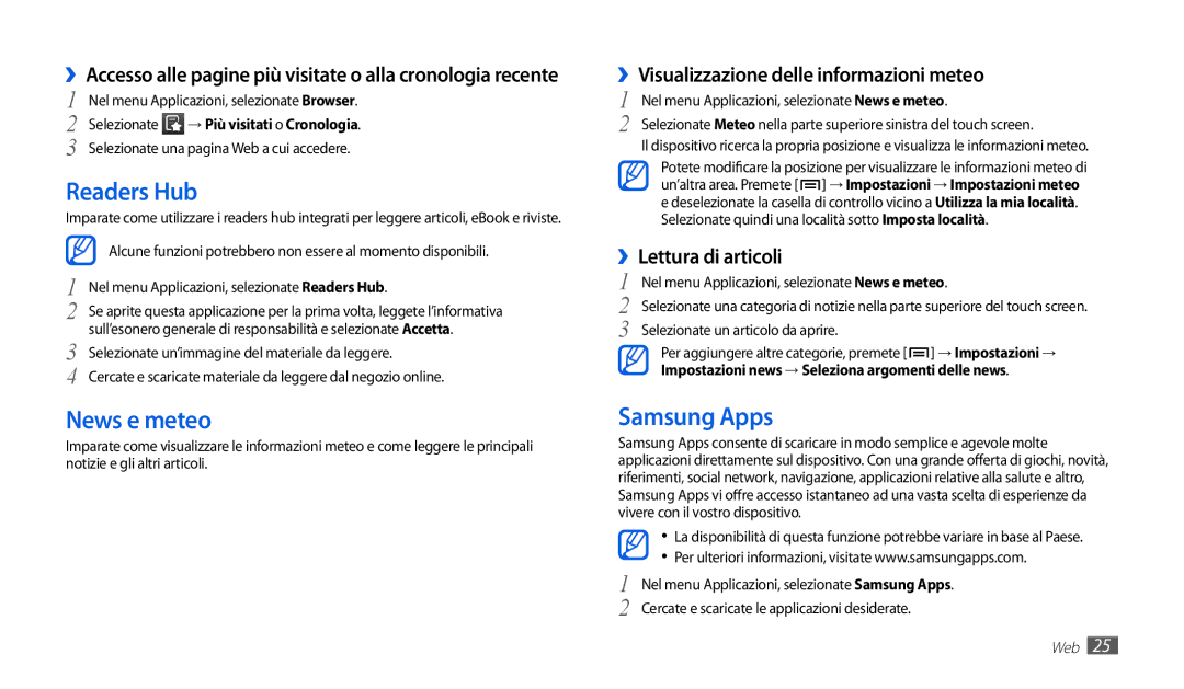 Samsung GT-P1010CWAITV manual Readers Hub, News e meteo, Samsung Apps, ››Visualizzazione delle informazioni meteo 