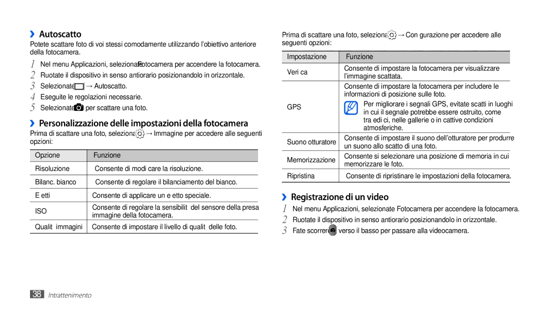 Samsung GT-P1010CWAITV manual ››Autoscatto, ››Registrazione di un video, → Autoscatto 