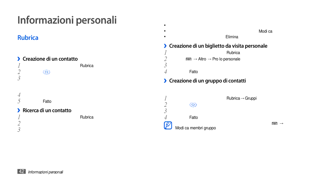 Samsung GT-P1010CWAITV manual Informazioni personali, Rubrica 