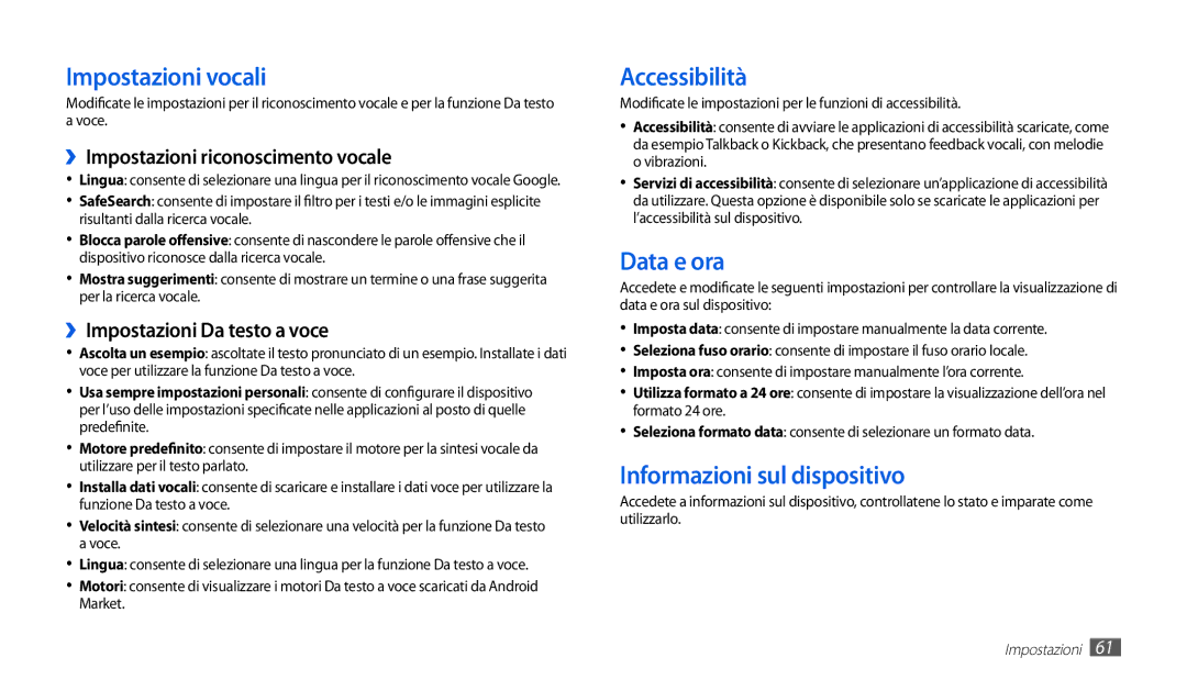 Samsung GT-P1010CWAITV manual Impostazioni vocali, Accessibilità, Data e ora, Informazioni sul dispositivo 