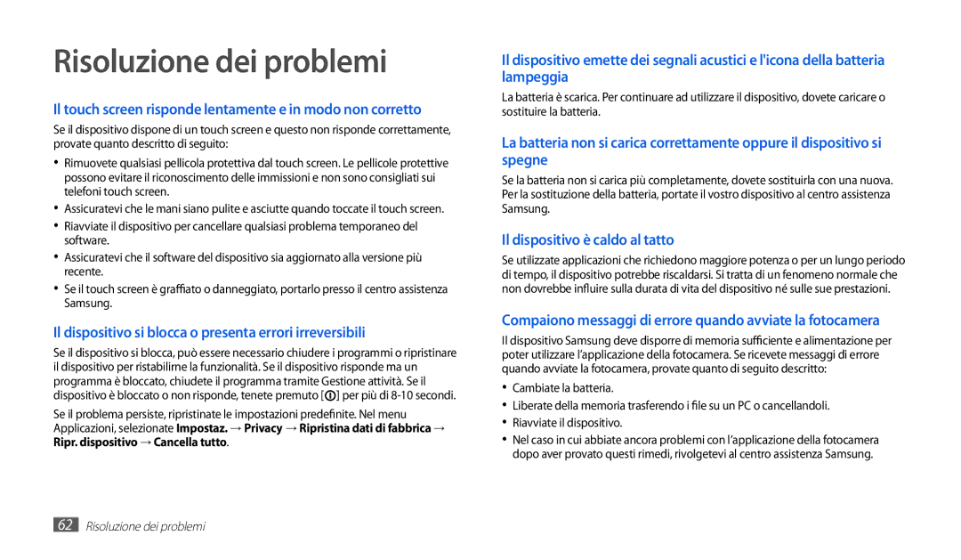 Samsung GT-P1010CWAITV manual Risoluzione dei problemi, Cambiate la batteria 