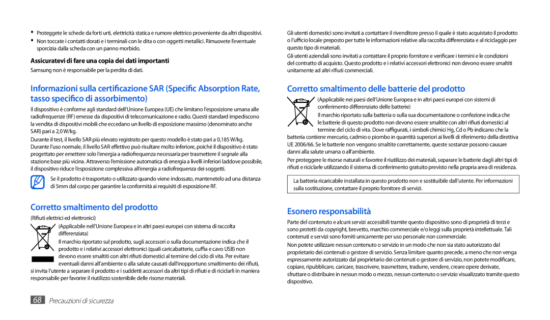 Samsung GT-P1010CWAITV manual Corretto smaltimento del prodotto, Assicuratevi di fare una copia dei dati importanti 